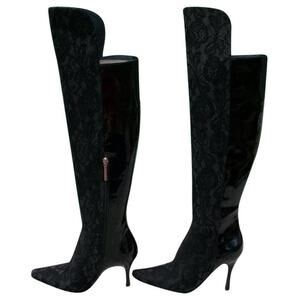 Donald Pliner Black Lace Patent Leather Boot Shoe New Over The Knee $695 NIB